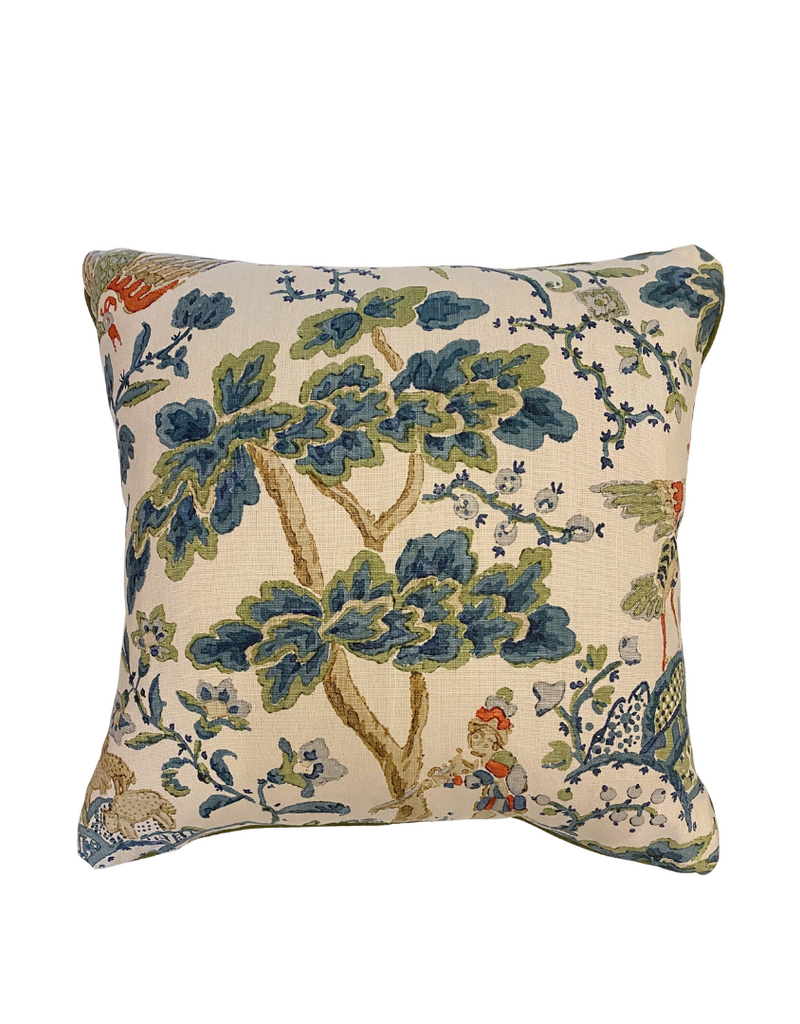 Cream Pillow with Multi-Colored Scenic Trees & Green Piping