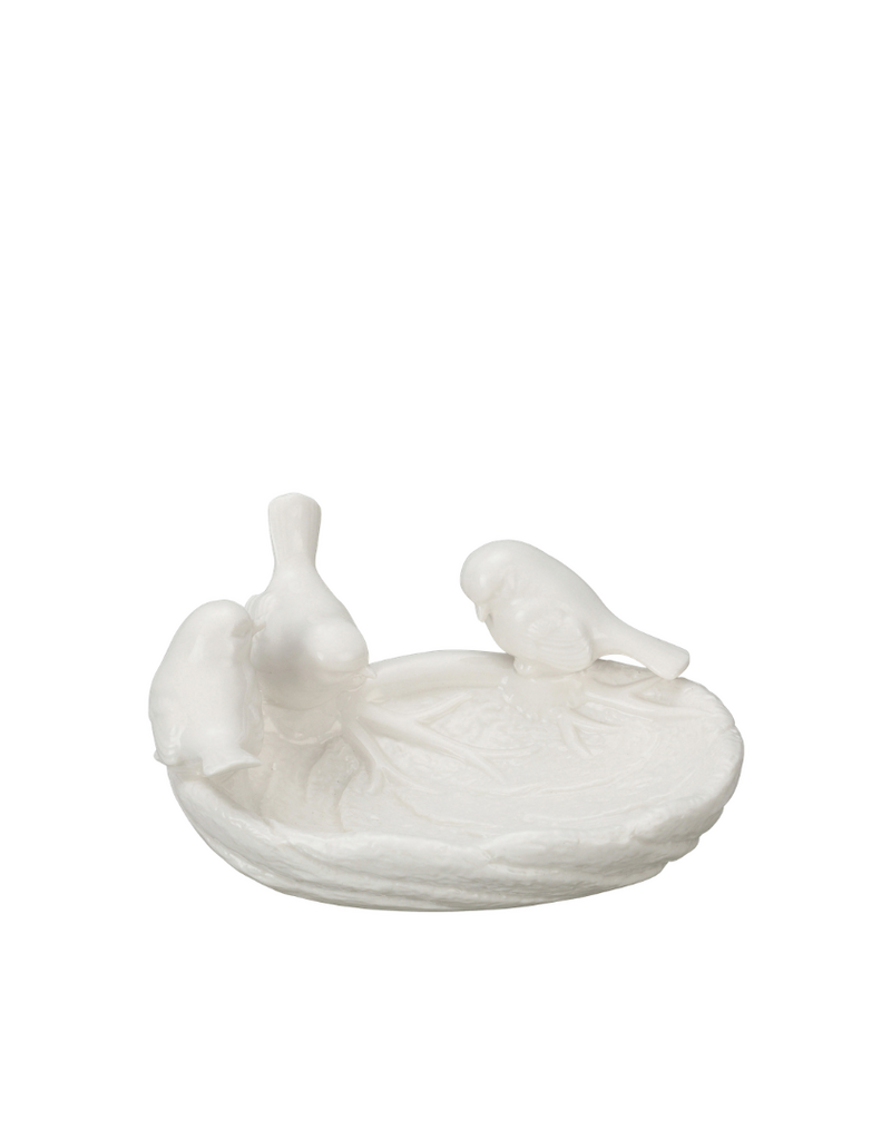 White Ceramic Leaf Dish with Three Birds