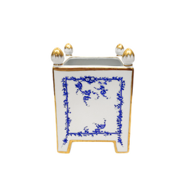 Vintage White & Blue Floral Ceramic Square Footed Planter with Finials