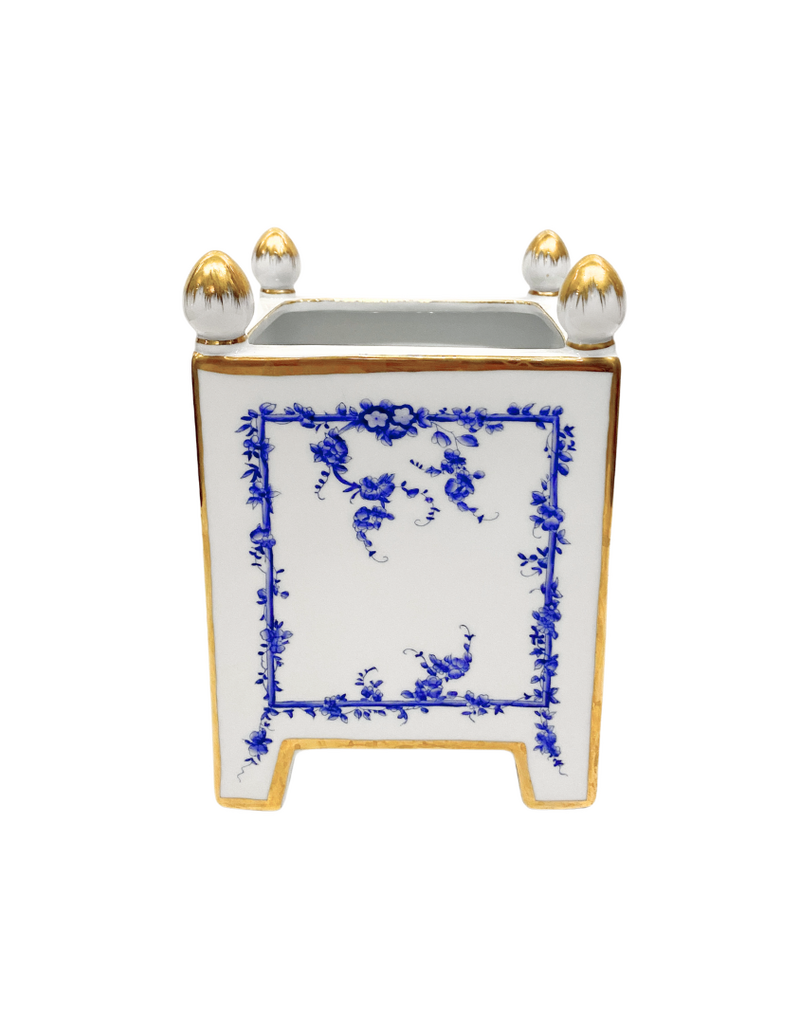 Vintage White & Blue Floral Ceramic Square Footed Planter with Finials