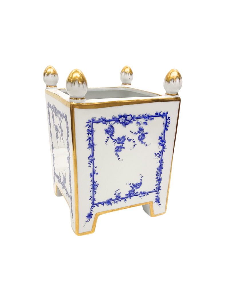 Vintage White & Blue Floral Ceramic Square Footed Planter with Finials