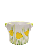 Vintage White Ceramic Planter with Yellow Tulips & Green Handles