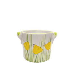Vintage White Ceramic Planter with Yellow Tulips & Green Handles