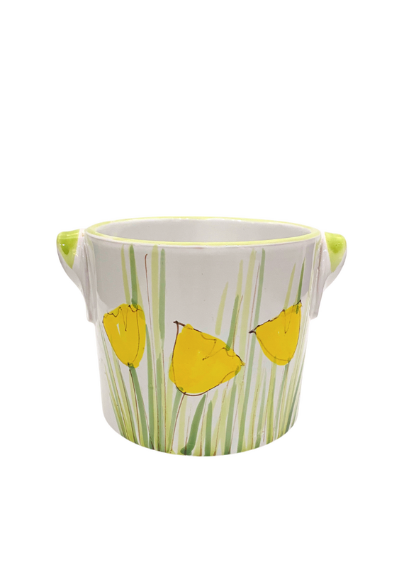 Vintage White Ceramic Planter with Yellow Tulips & Green Handles