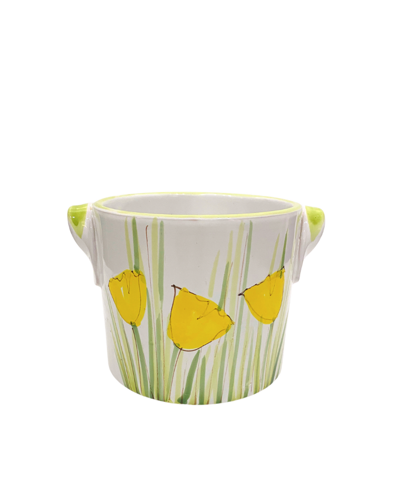 Vintage White Ceramic Planter with Yellow Tulips & Green Handles