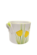 Vintage White Ceramic Planter with Yellow Tulips & Green Handles