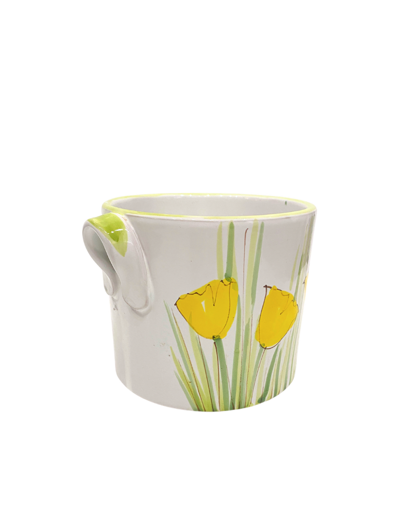 Vintage White Ceramic Planter with Yellow Tulips & Green Handles