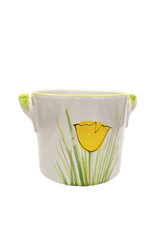 Vintage White Ceramic Planter with Yellow Tulips & Green Handles