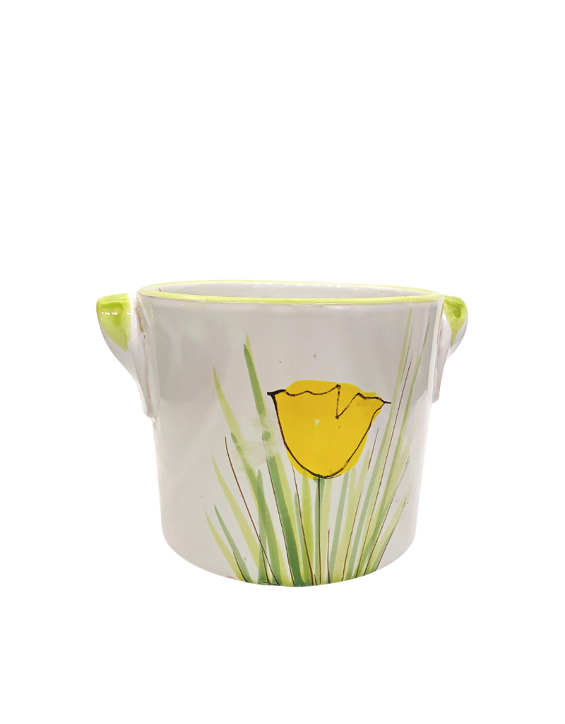 Vintage White Ceramic Planter with Yellow Tulips & Green Handles