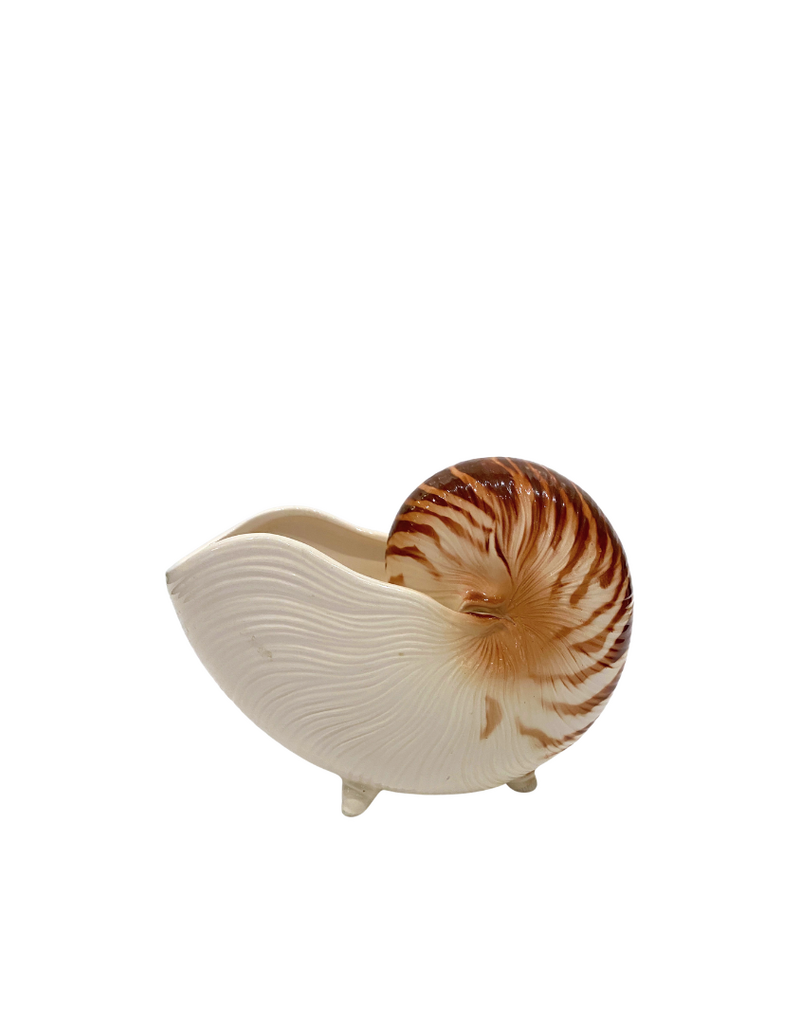 Vintage White & Brown Ceramic Footed Nautilus Shell