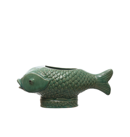 Green Glazed Textured Ceramic Fish Planter