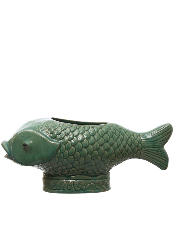 Green Glazed Textured Ceramic Fish Planter