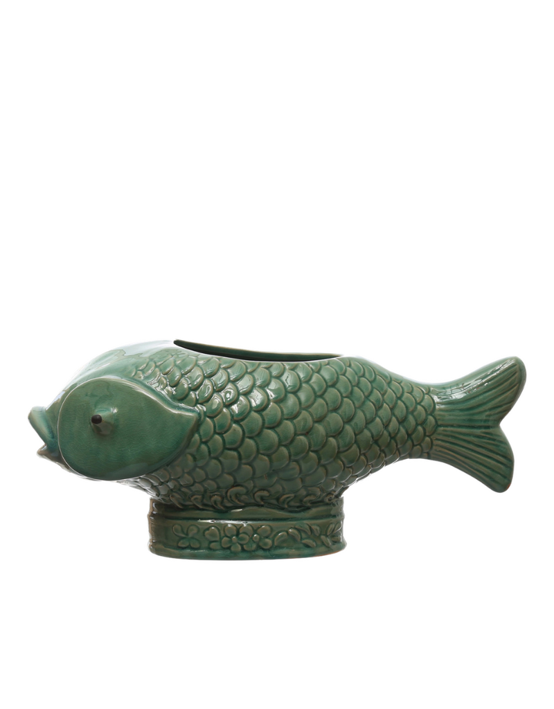 Green Glazed Textured Ceramic Fish Planter