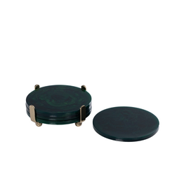 Green Marble Resin Round Coaster Set in Brass Holder