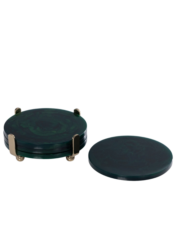 Green Marble Resin Round Coaster Set in Brass Holder