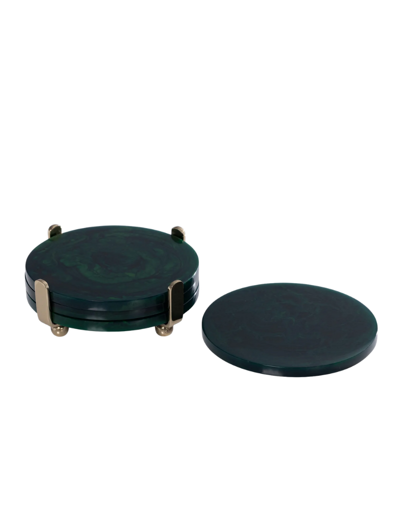 Green Marble Resin Round Coaster Set in Brass Holder