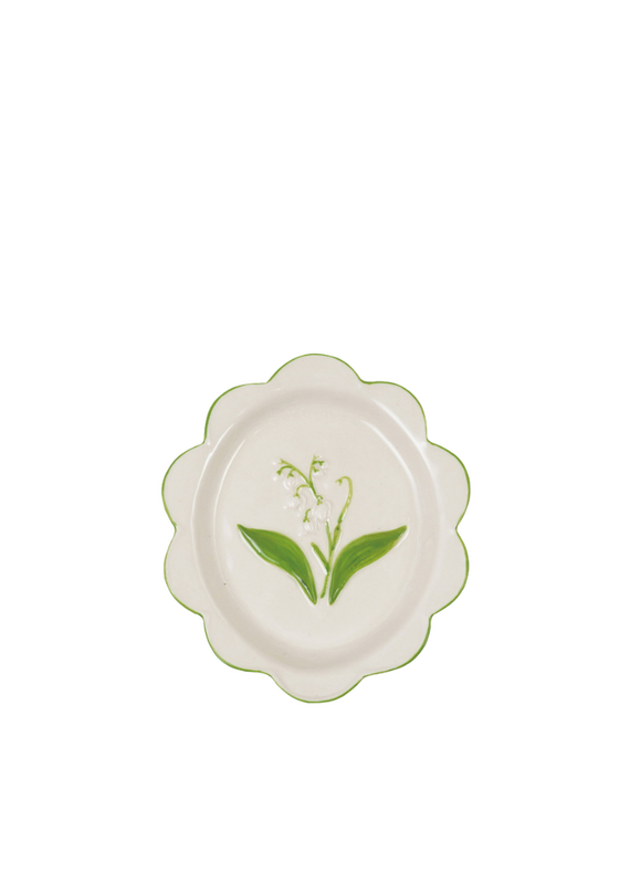 White Ceramic Lily of the Valley Dish with Green Scalloped Edge