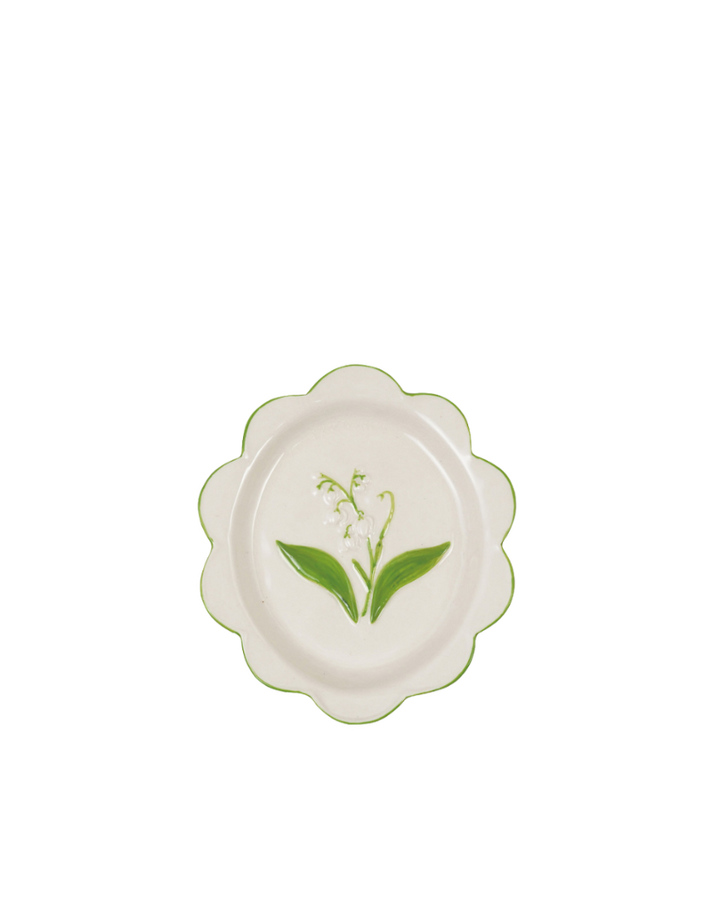 White Ceramic Lily of the Valley Dish with Green Scalloped Edge