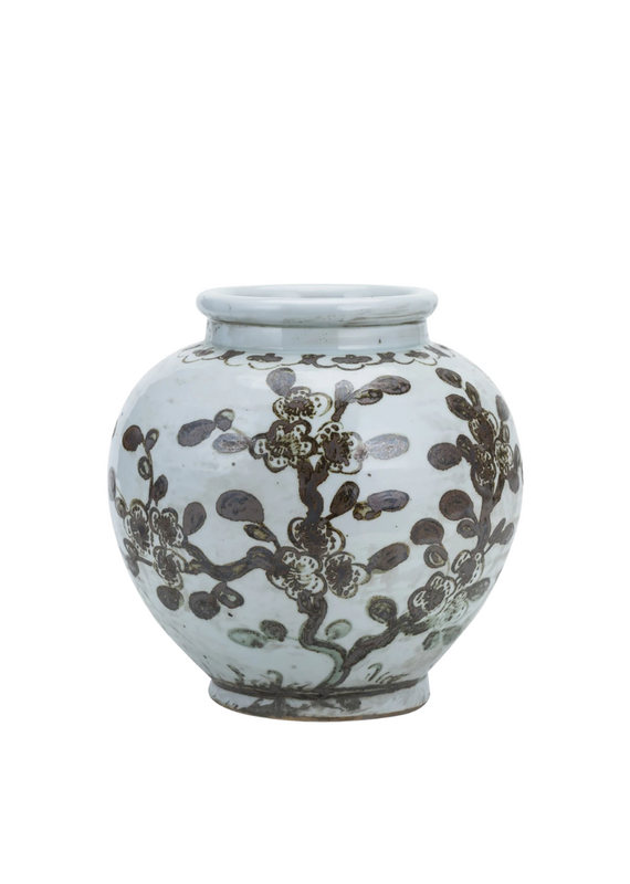 Brown & White Ceramic Floral Vine Jar