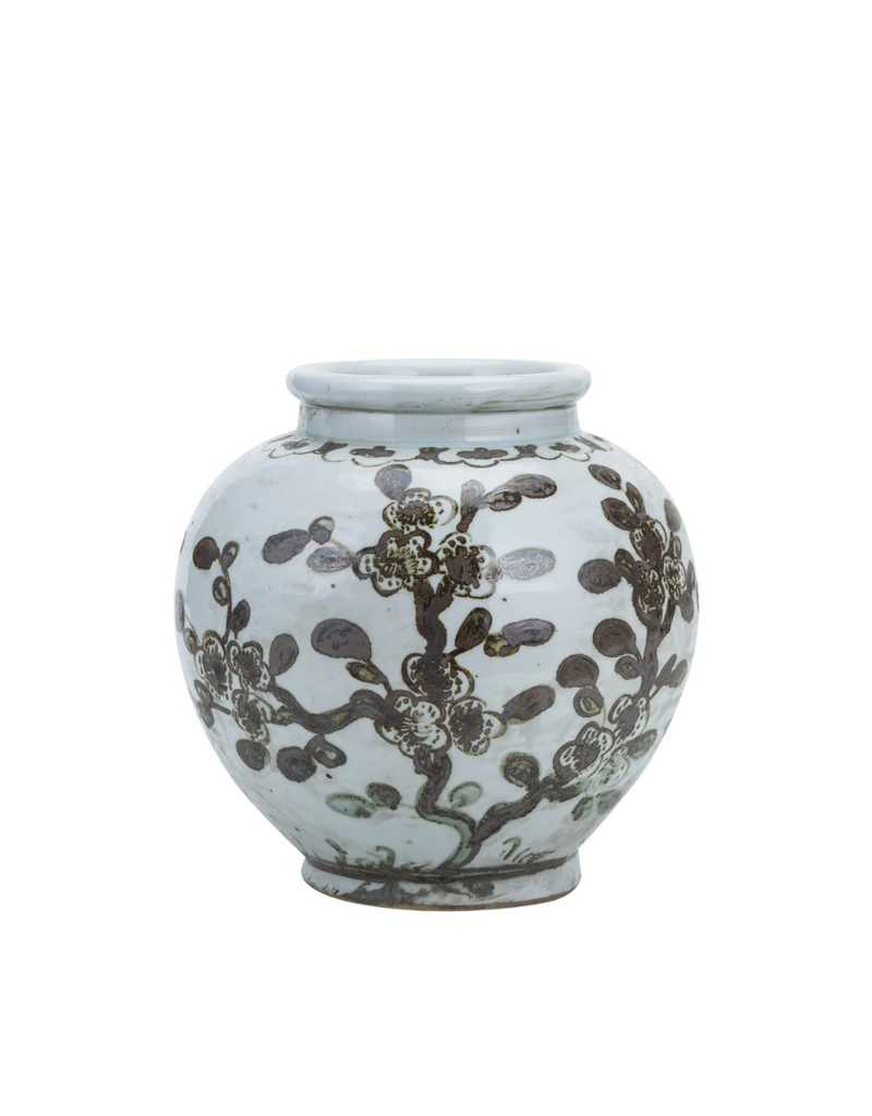 Brown & White Ceramic Floral Vine Jar