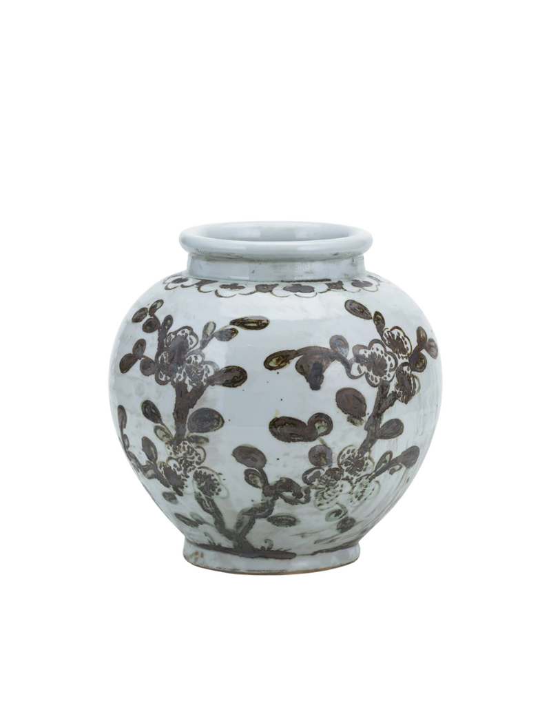 Brown & White Ceramic Floral Vine Jar