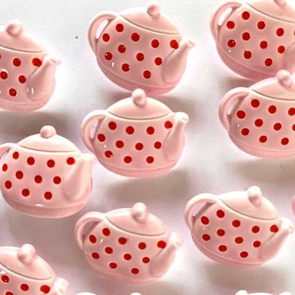 Textile Garden TGB4967 Glossy Pink Teapots Red Dots 15mm