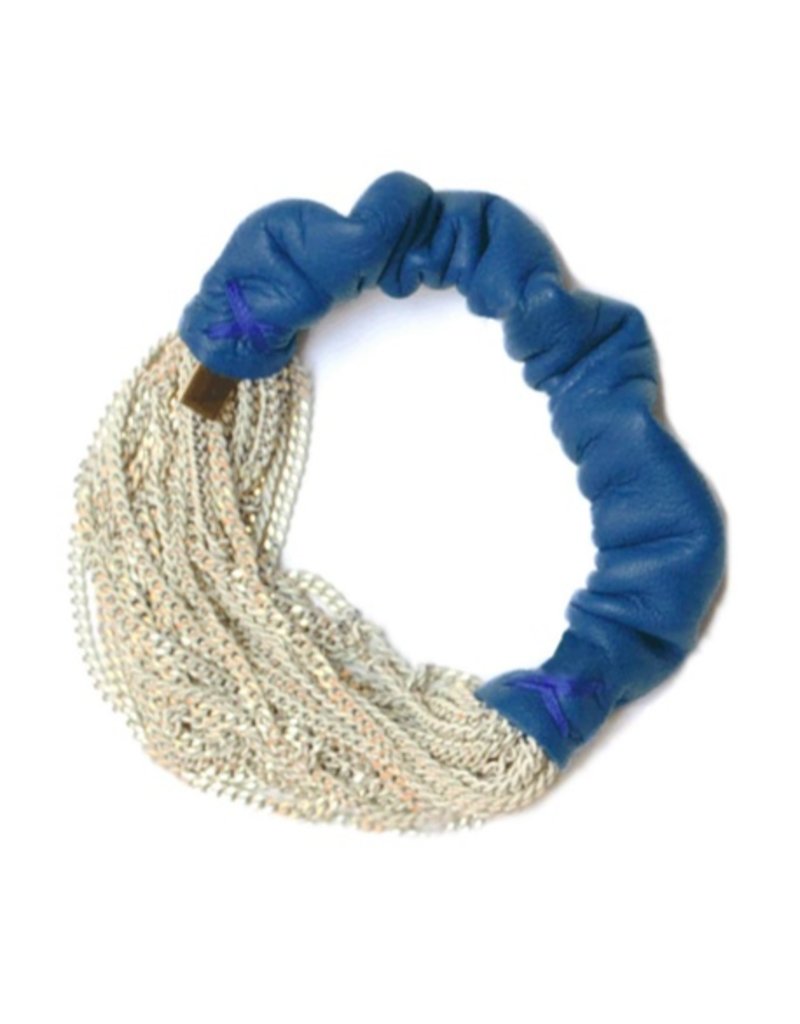 PATNA blue leather brass chain white gold B