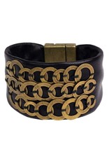 O black leather old gold disks cuff B