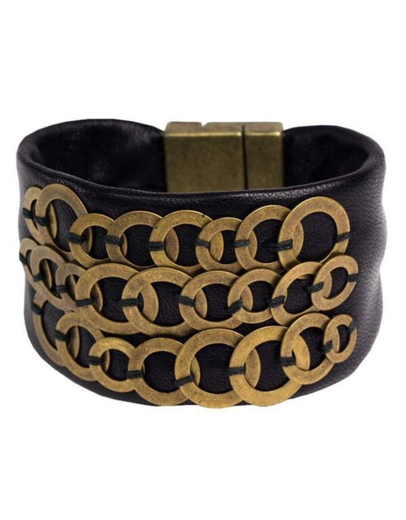 O black leather old gold disks cuff B
