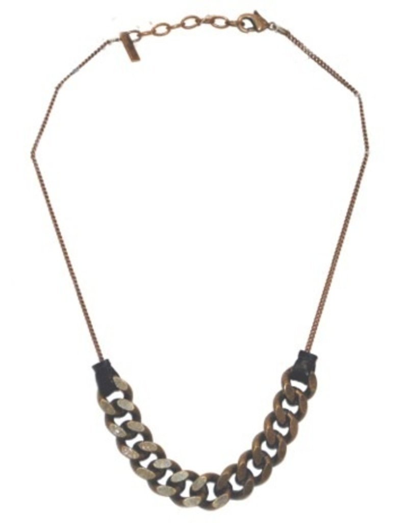 LISE short black leather brass old silver chain N
