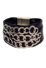 O black leather old silver disks cuff B