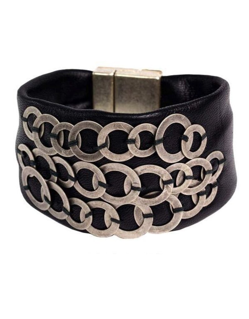 O black leather old silver disks cuff B