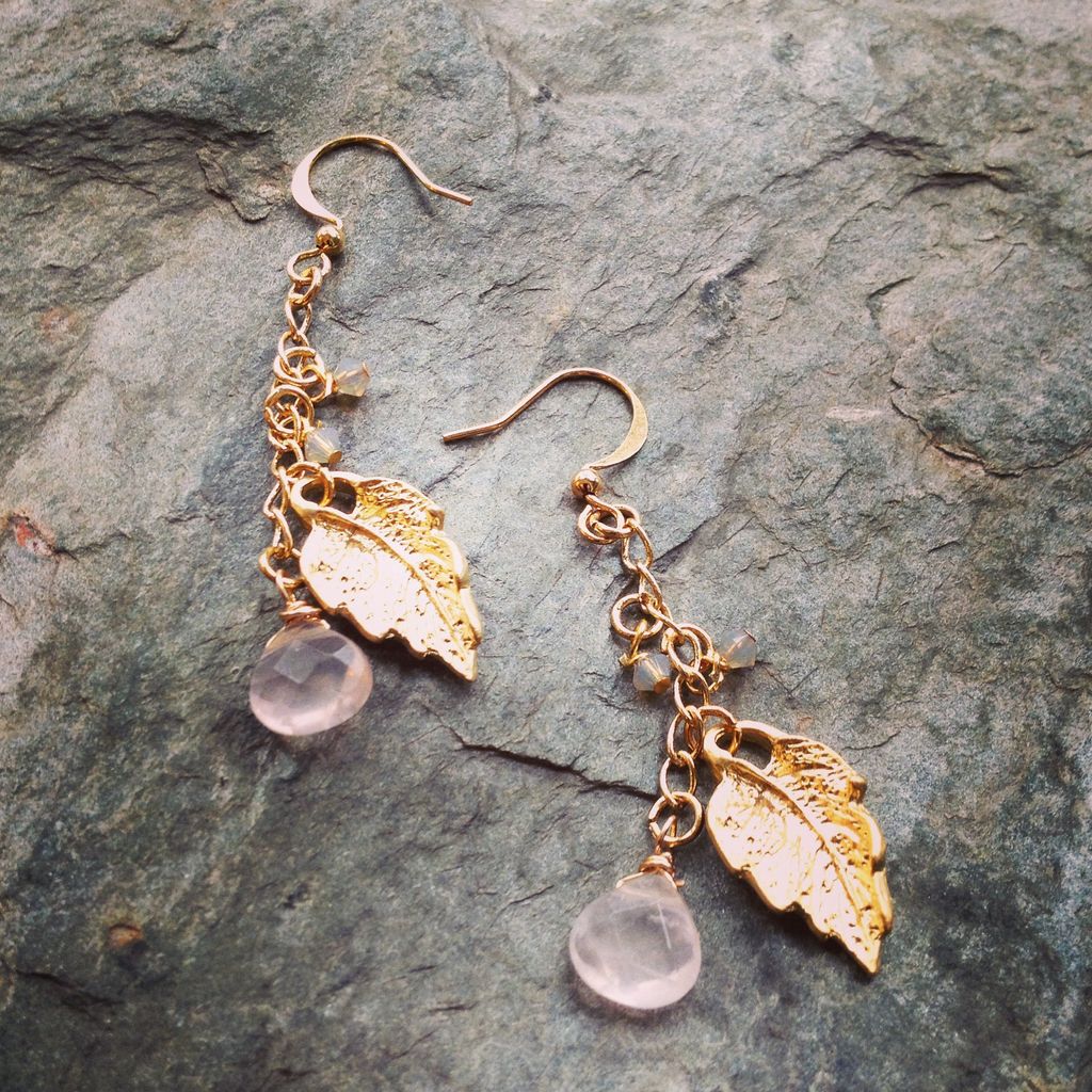 Earrings Leaf with Rose Quartz Earrings