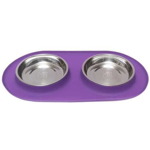 Messy Mutts Messy Cats Double Silicone Feeder with Stainless Saucer Bowl 1.75 Cups Purple
