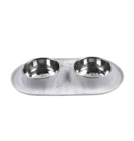 Messy Mutts Messy Mutts Double Silicone Feeder with Stainless Saucer Bowl 1.5 Cups Marble