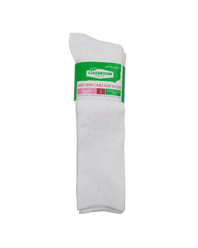 CLASSROOM WHITE CABLE KNEE HI SOCKS 3-PACK