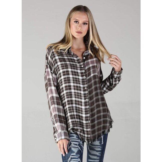 Angie Angie Mixed Plaid Acid Washed Button Up w/ Frayed Hem (P2W94)