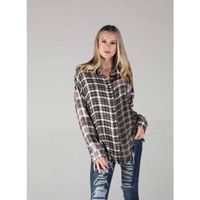 Angie Angie Mixed Plaid Acid Washed Button Up w/ Frayed Hem (P2W94)