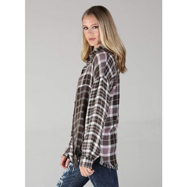 Angie Angie Mixed Plaid Acid Washed Button Up w/ Frayed Hem (P2W94)