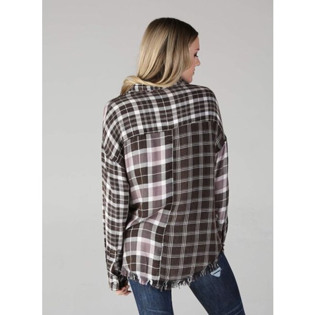 Angie Angie Mixed Plaid Acid Washed Button Up w/ Frayed Hem (P2W94)