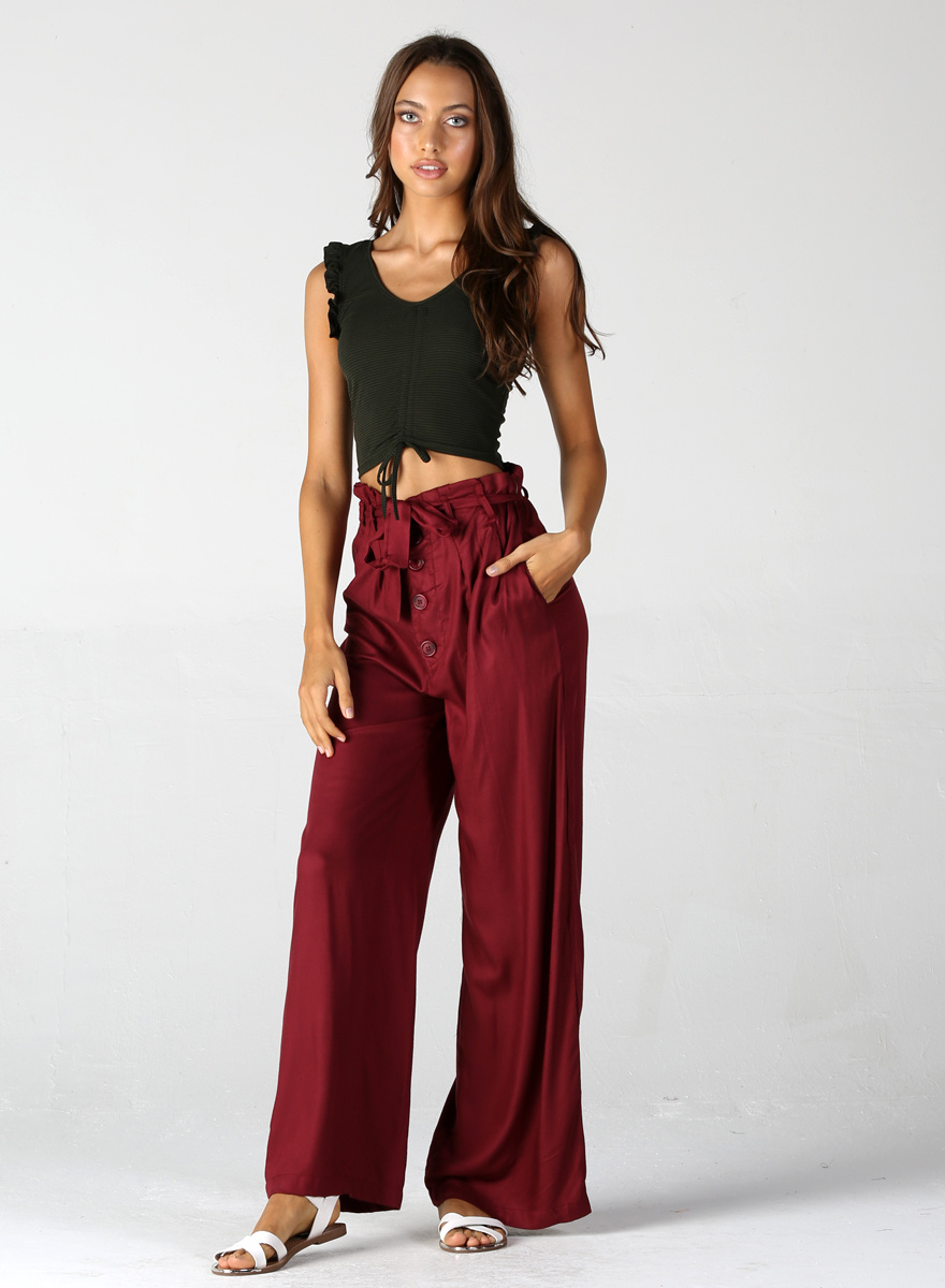 Angie Button Front Wide Leg Pants With Tie Front - Creations Boutique