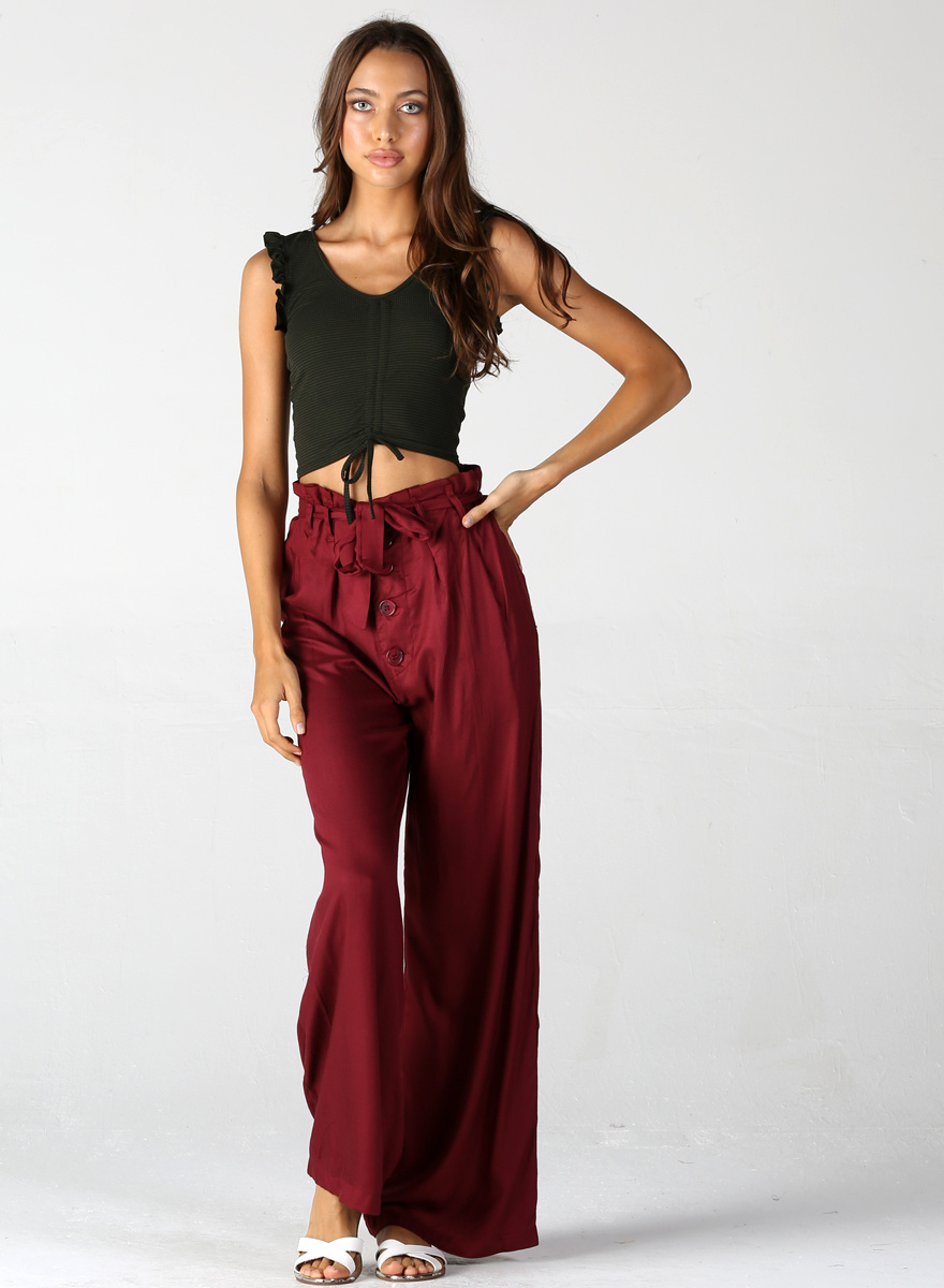 Angie Button Front Wide Leg Pants With Tie Front - Creations Boutique
