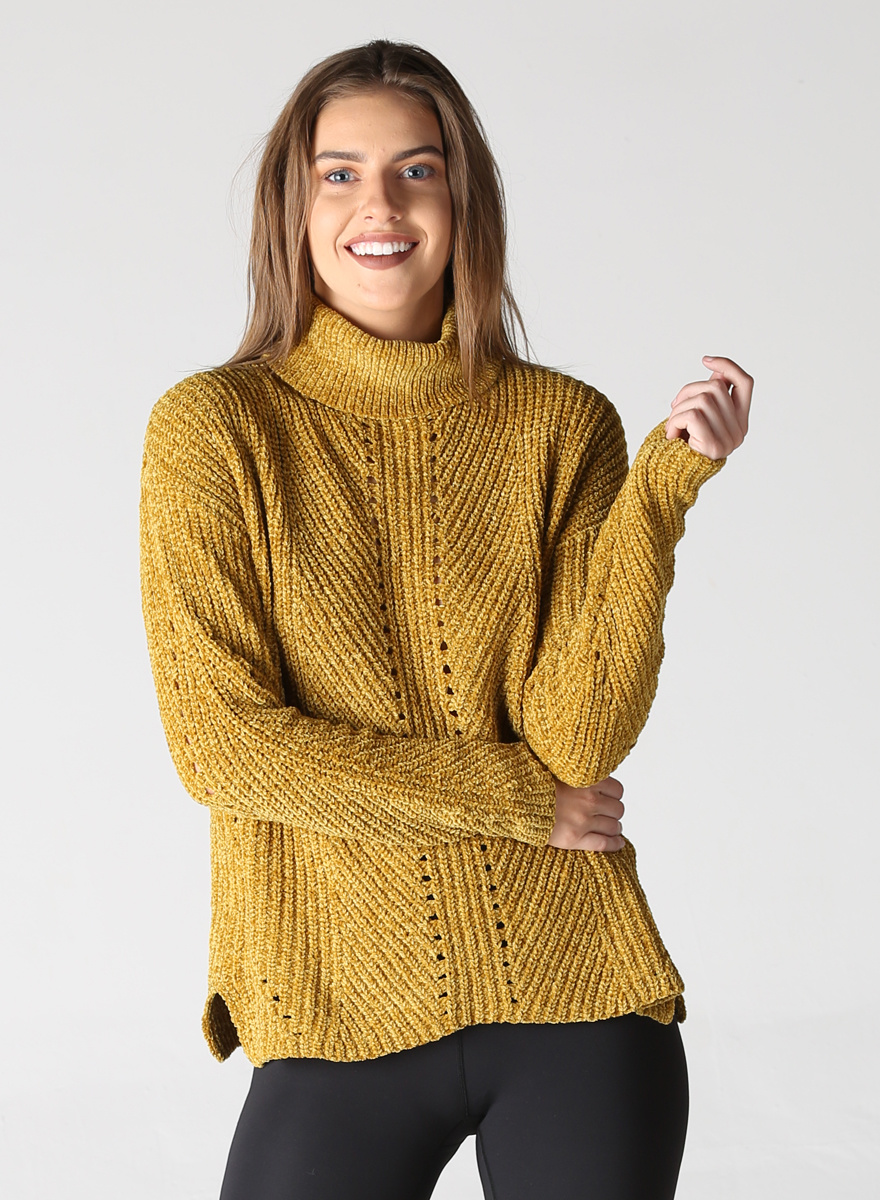 Mustard Chenille Open Knit Pullover Cowl Neck - Creations Boutique