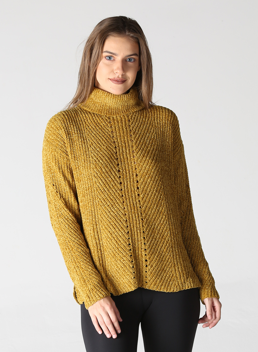 Mustard Chenille Open Knit Pullover Cowl Neck - Creations Boutique