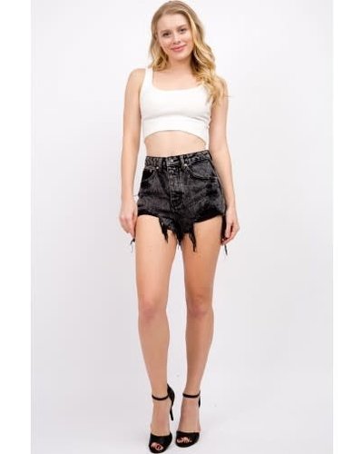 high rise destroyed denim shorts