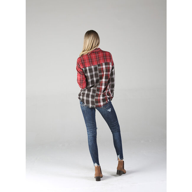 Angie Angie Mixed Plaid Acid Washed Button Up w/ Frayed Hem (P2W94)