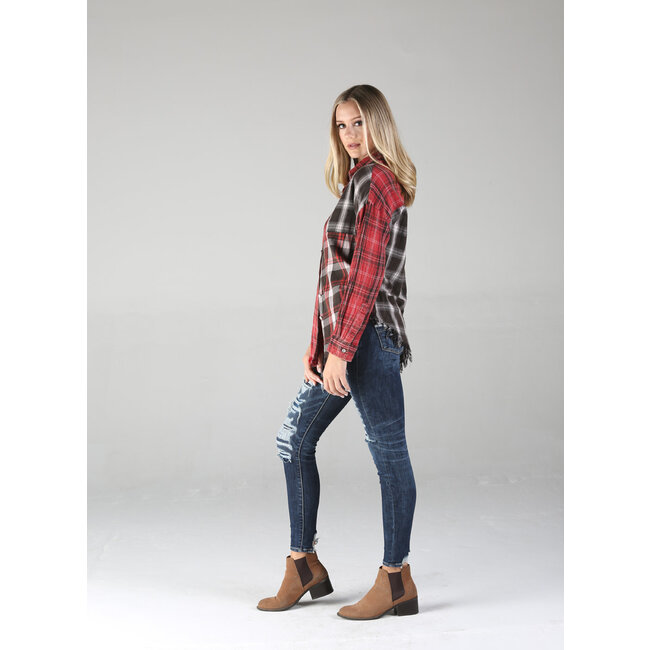 Angie Angie Mixed Plaid Acid Washed Button Up w/ Frayed Hem (P2W94)