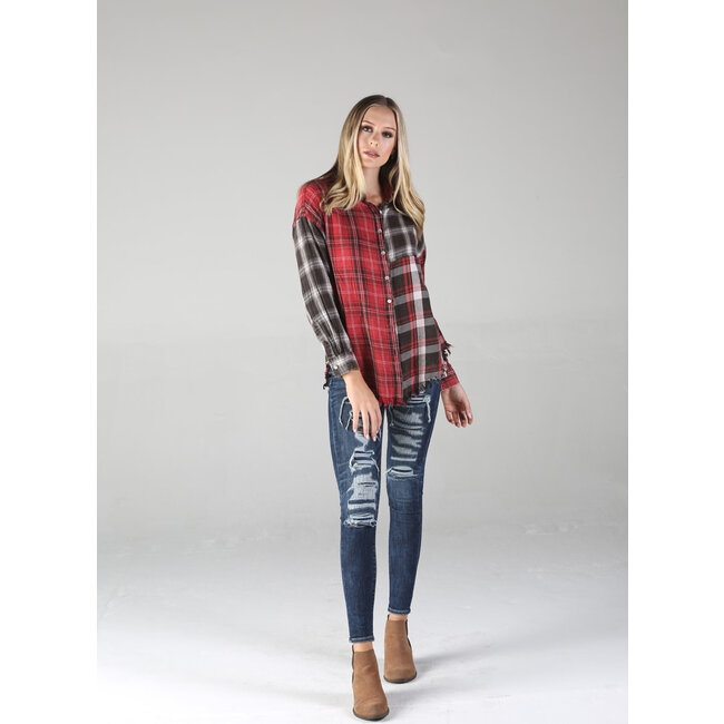 Angie Angie Mixed Plaid Acid Washed Button Up w/ Frayed Hem (P2W94)
