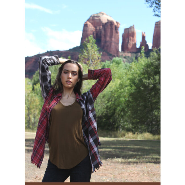 Angie Angie Mixed Plaid Acid Washed Button Up w/ Frayed Hem (P2W94)