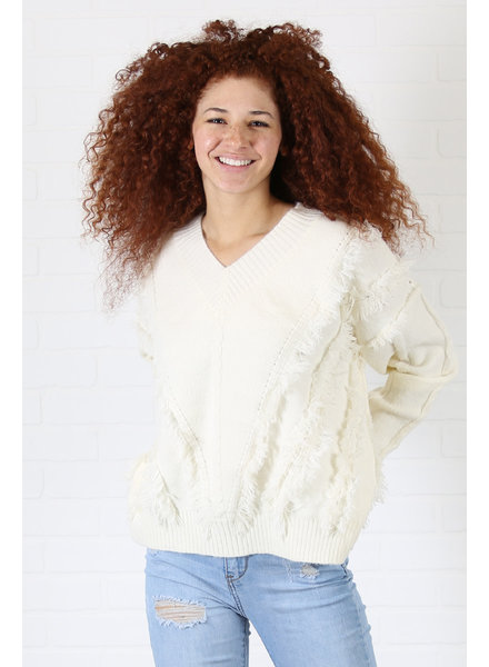 Angie V Neck Fringe Cable Pullover Sweater (XHJ17)